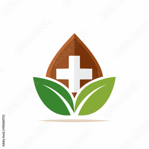 Abstract icon representing natural health and herbal medicine, combining a medical cross with leaves and a droplet for wellness concepts