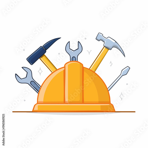 Hard Hat and Tools Construction Safety and Repair Equipment Illustration