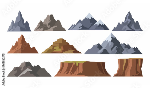 Flat mountain and rocky hill vector set with snowy peaks canyon cliffs and nature hiking landscape elements