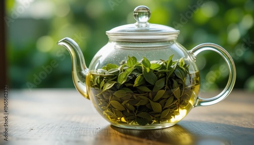 Clear Glass Teapot Filled With Fresh Green Tea Leaves on Wooden Surface Illuminated by Natural Light