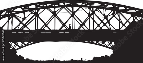 Silhouette of a lone figure standing on a steel truss bridge with city skyline