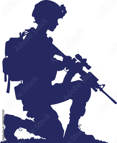 Silhouette of soldier in blue camouflage gear kneeling with assault rifle in tactical stance