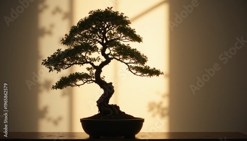 Bonsai Tree Silhouette With Serene Background Light at Sunset