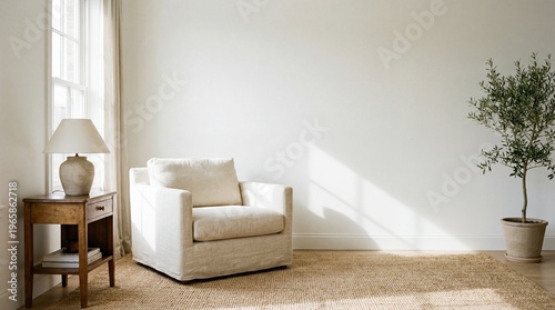Interior of living room modern style with grey fabric sofa,wooden side table and white ceiling lamp on wooden floor.