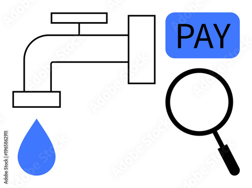 Water payment concept. Faucet dripping water utility usage, pay icon highlighting financial transactions, and magnifying glass scrutiny. For utility bills, resource management, finances, payment