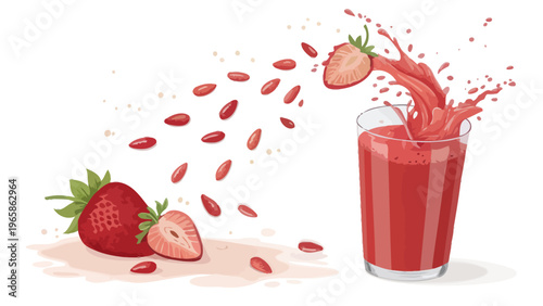 Strawberry falls into glass of red juice with seeds and splash fresh drink concept