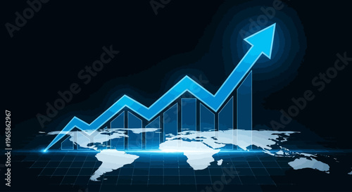 Glowing blue graph with an upward trend on a world map background, illustrating global market growth and trading success in a futuristic style with a dark mood.