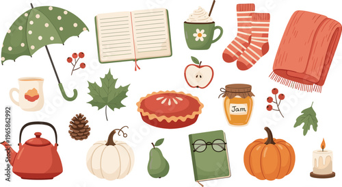 Cozy Autumn Elements Set with Umbrella Books Tea Pumpkin Leaves and Candle Warm Fall Illustration Collection for Seasonal Design and Hygge Lifestyle Graphics