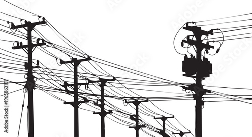 Silhouette of five utility poles with wires and transformer against white background power lines