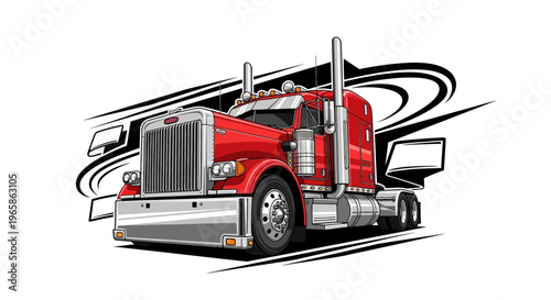Illustration of a red semi-truck in motion with abstract black motion lines on a white background, depicting transport and movement.