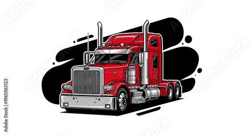 Illustration of a red semi-truck with chrome accents against a black and white abstract background, showcasing a stylized transport vehicle.