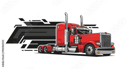 Illustration of a red semi-truck with chrome accents and exhaust pipes on a white background with abstract black lines, representing transport and logistics.