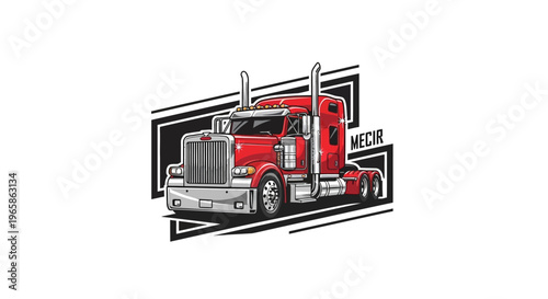 A red semi-truck with chrome accents and dual exhaust pipes depicted in a graphic illustration with bold black and white lines, set against a clean white background with a focus on