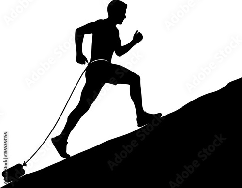 Silhouette of male runner pulling heavy weight up steep mountain slope