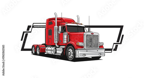 A red semi-truck with a chrome grill and exhaust pipes against a white background with a black lightning bolt design, conveying a sense of speed and transport.