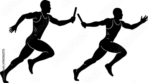 Black silhouettes of relay race runners passing baton during sprinting