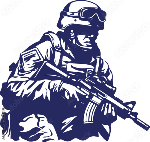 Silhouette soldier in blue camouflage gear holding rifle with helmet and goggles