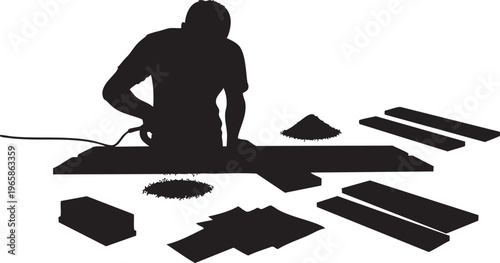 Silhouette of man using power tool to cut wood planks wood cutting 1