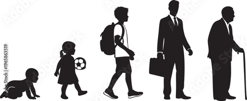 Silhouette of six people in various stages of life human life stages age progression