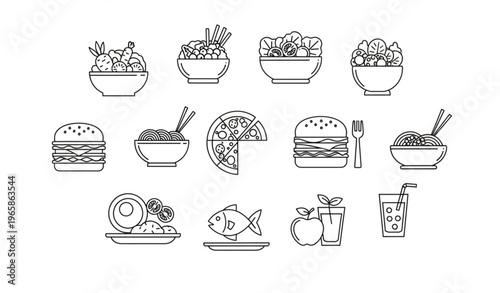 Food meal outline icon collection with salad pizza pasta burger and juice editable stroke