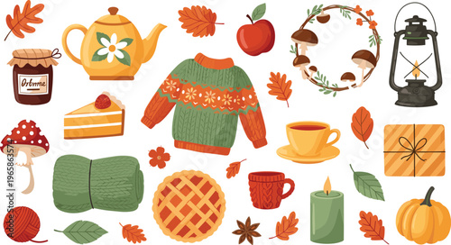 Cozy Autumn Elements Set with Sweater Pie Tea Lantern Leaves and Pumpkin Warm Fall Illustration Collection for Seasonal Design, Hygge Lifestyle, and Harvest Graphics