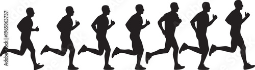 Silhouette sequence of six men running in athletic poses silhouettes fitness