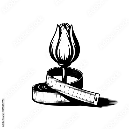 Tulip wrapped with measuring tape black vector illustration flower floral design