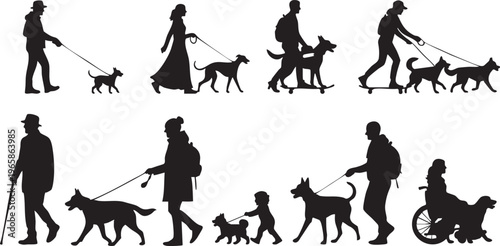 Silhouettes of people walking dogs in various poses and settings leashes