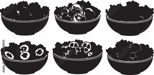 Six black silhouette bowls of colorful vegetable salad silhouettes