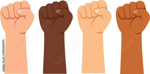 Four Raised Fists in Diverse Skin Tones Displaying Unity Strength and Solidarity, Multicultural Empowerment and Civil Rights Symbol, Flat Vector Art Style vector illustration
