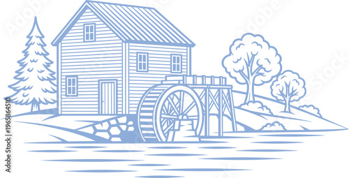 Vintage Blue Watermill Vector Illustration Featuring a Traditional Wooden Grist Mill by a River with Pine Trees and Scenic Countryside Landscape