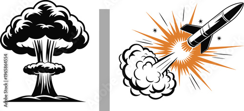 Explosion mushroom cloud illustration, rocket launch artwork, nuclear blast concept, missile propulsion design, energy destruction graphic, war technology silhouette