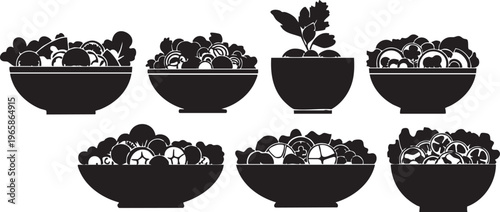 Six colorful silhouette bowls filled with fruit and greens silhouettes