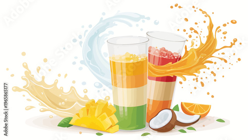 Tropical drink blend splash with mango coconut and orange refreshing summer beverage concept with fruit