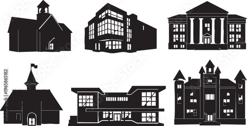 Six distinct school building silhouettes in black on white background school buildings black and white
