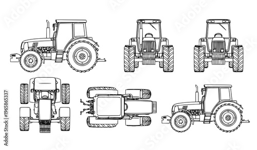 Tractor contour vector illustration multiple angles line drawing isolated design