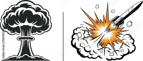 Explosion mushroom cloud silhouette, rocket launch artwork, nuclear blast illustration, missile propulsion design, war technology concept, destructive energy graphic