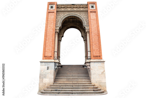 Photography Monumental Neo-Moorish portal with horseshoe arch, geometric ornamental patterns and stone staircase, with intricate Islamic patterns cut into a transparent background for a luxurious design