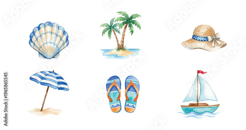 beach icon watercolor set