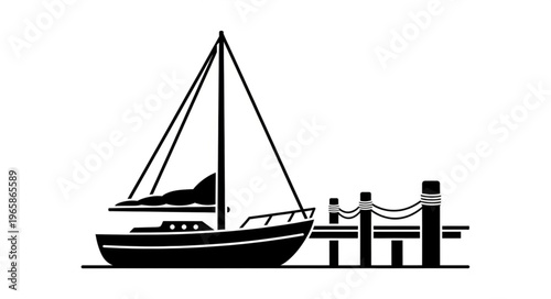 Silhouette of a Sailboat Docked at a Wooden Pier.