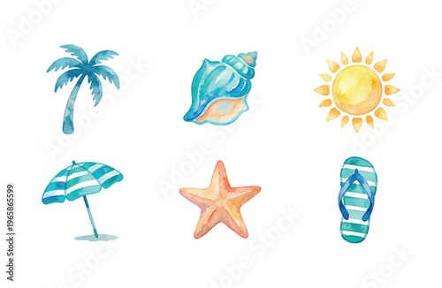 beach icon watercolor set