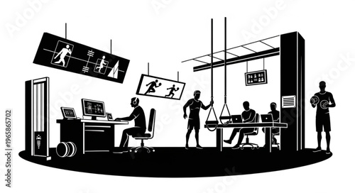 Silhouette of a sports science lab with athletes and researchers.
