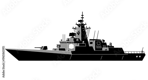 Silhouette of a Modern Naval Warship on the Open Sea.