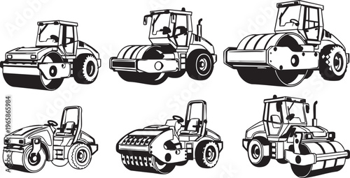 Six Silhouette Style Road Rollers construction vehicle heavy equipment black and white