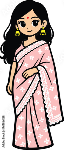 Beautiful Indian Woman in Traditional Pink Saree with White Floral Patterns and Gold Jhumka Earrings, Cute Kawaii Cultural Character vector illustration
