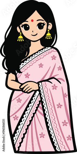 Beautiful Indian Woman in Traditional Pink Saree with Star Patterns and Decorative Border, Gold Jhumka Earrings and Bangles, Cute Kawaii Cultural Character vector illustration
