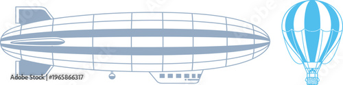 Vintage Blue Airship and Hot Air Balloon Vector Illustration Isolated on White Background for Travel Transport and Aviation Graphic Design Projects