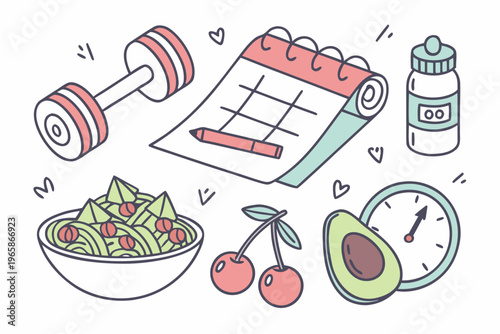 Healthy lifestyle concept icon set. Elements of diet, exercise equipment, routine, gym, nutrition, cardio exercises, sports supplements, self-care, hobbies. Hand drawn cute vector illustration. 