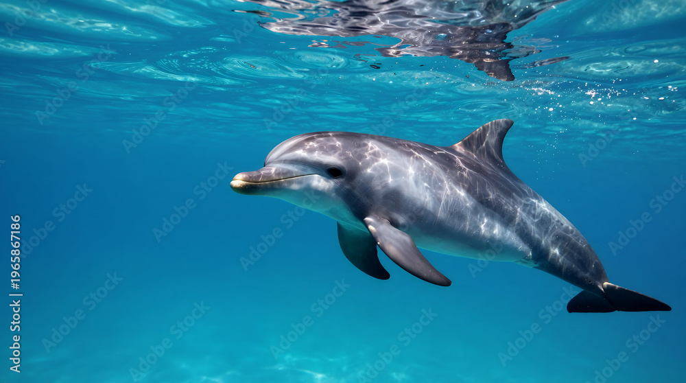 Fototapeta premium Natural Underwater Dolphin Close Up in Clear Turquoise Water Animal