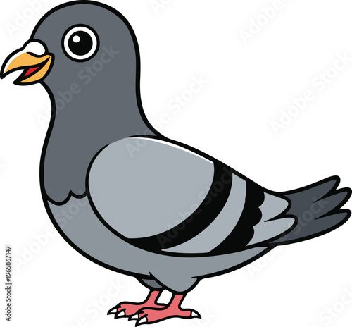 Grey City Pigeon with Orange Beak and Black Wing Bars Standing in Profile, Cute Cartoon Bird vector illustration

